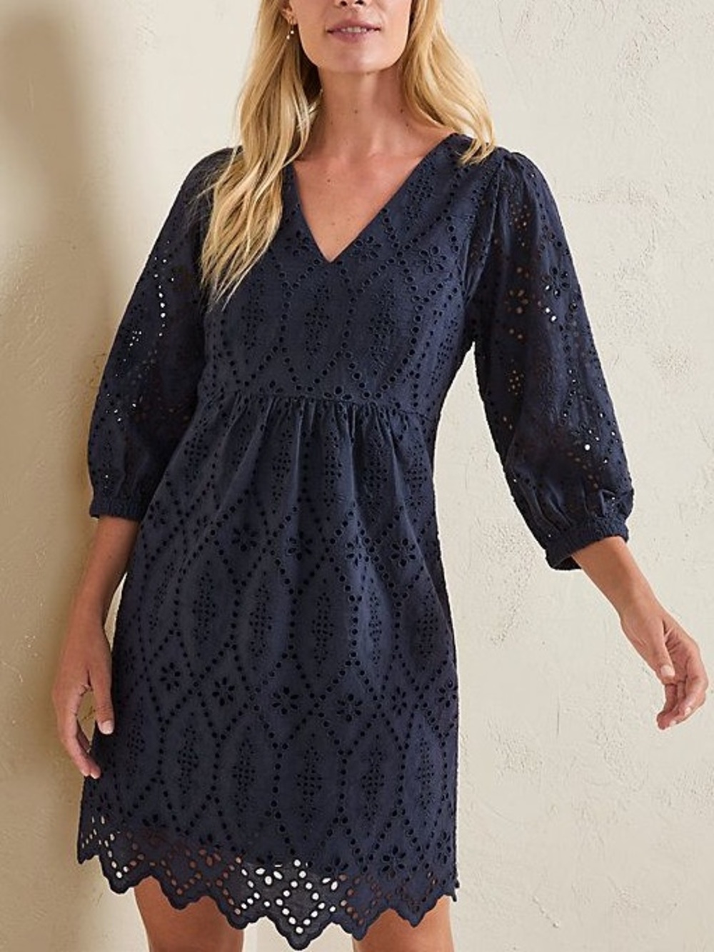Garnet Hill Navy Blue Cotton Eyelet Dress Scallop Hem V-Neck NWT Size 16 - Picture 1 of 9